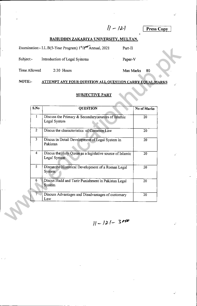 Introduction To Legal System LLB 5 Years BZU Multan Past Papers