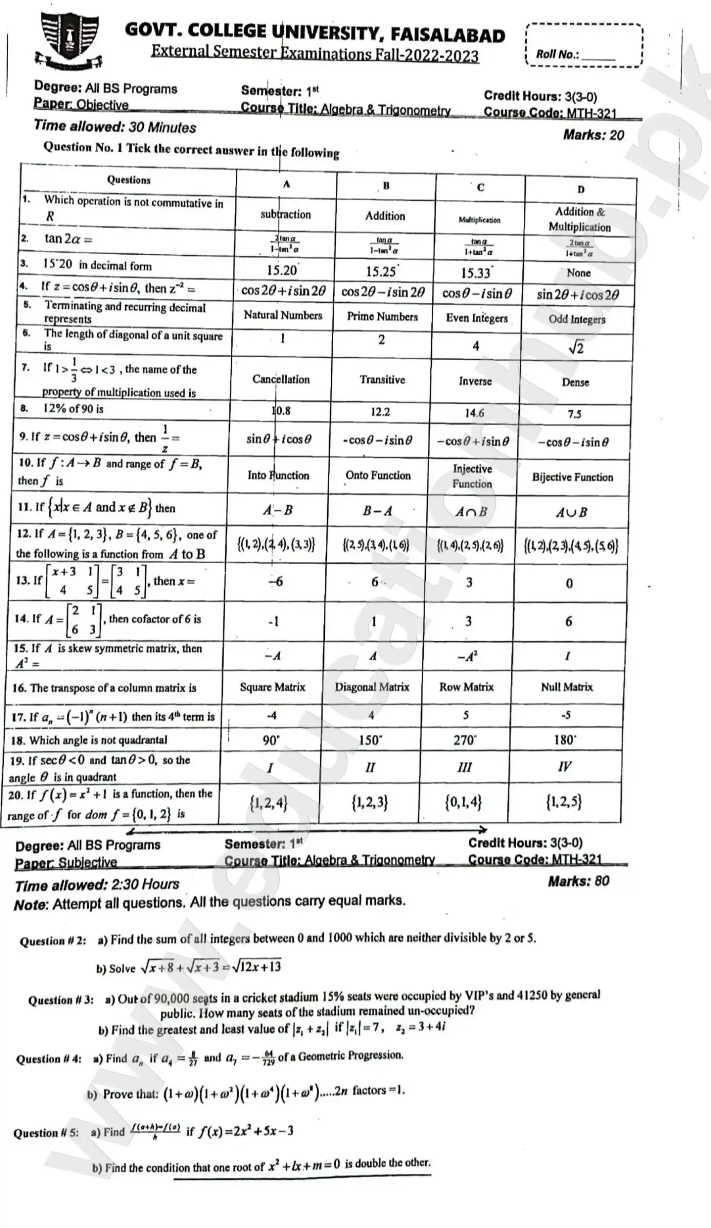 MTH 321 Algebra And Trigonometry BS Program GCUF Past Paper 2023