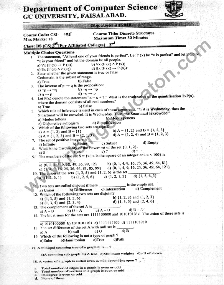 CSI-405-Objectives Discreet Structures BSCS-GCUF-Semester 03 FALL-2018