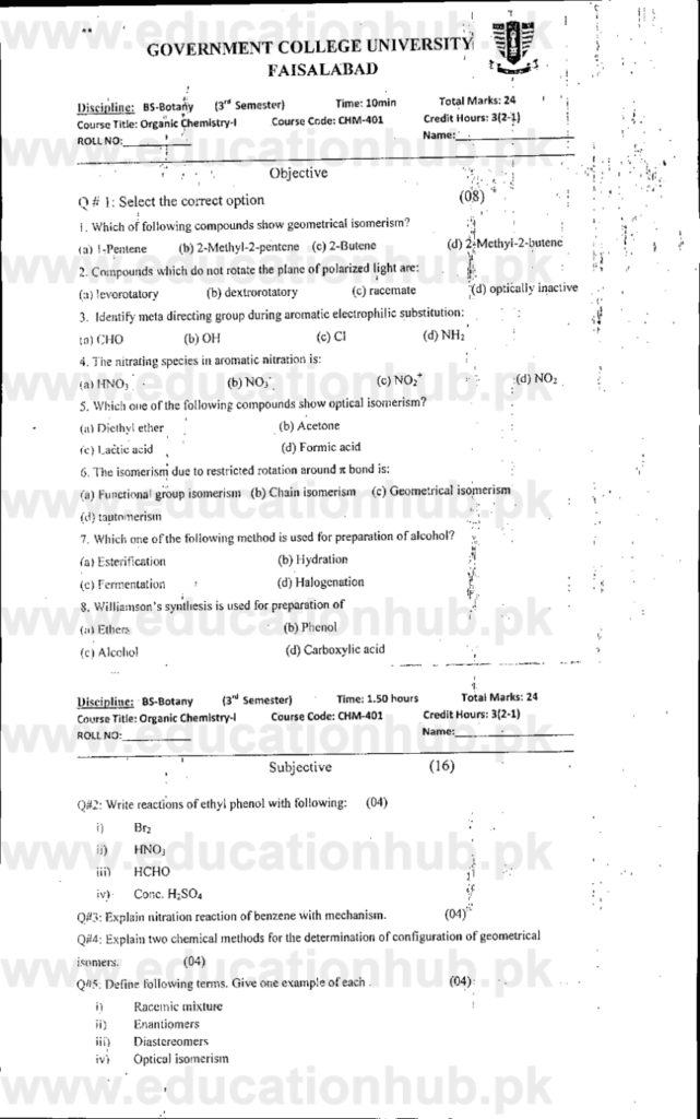 CHM-401 BS Botany GCUF Past Paper Fall 2019