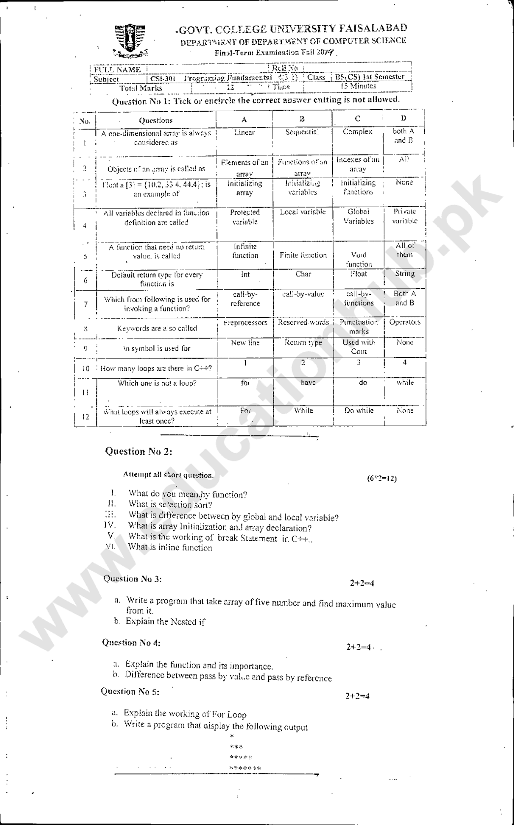 CSI-301 BSCS GCUF PAST PAPERS FALL 2019