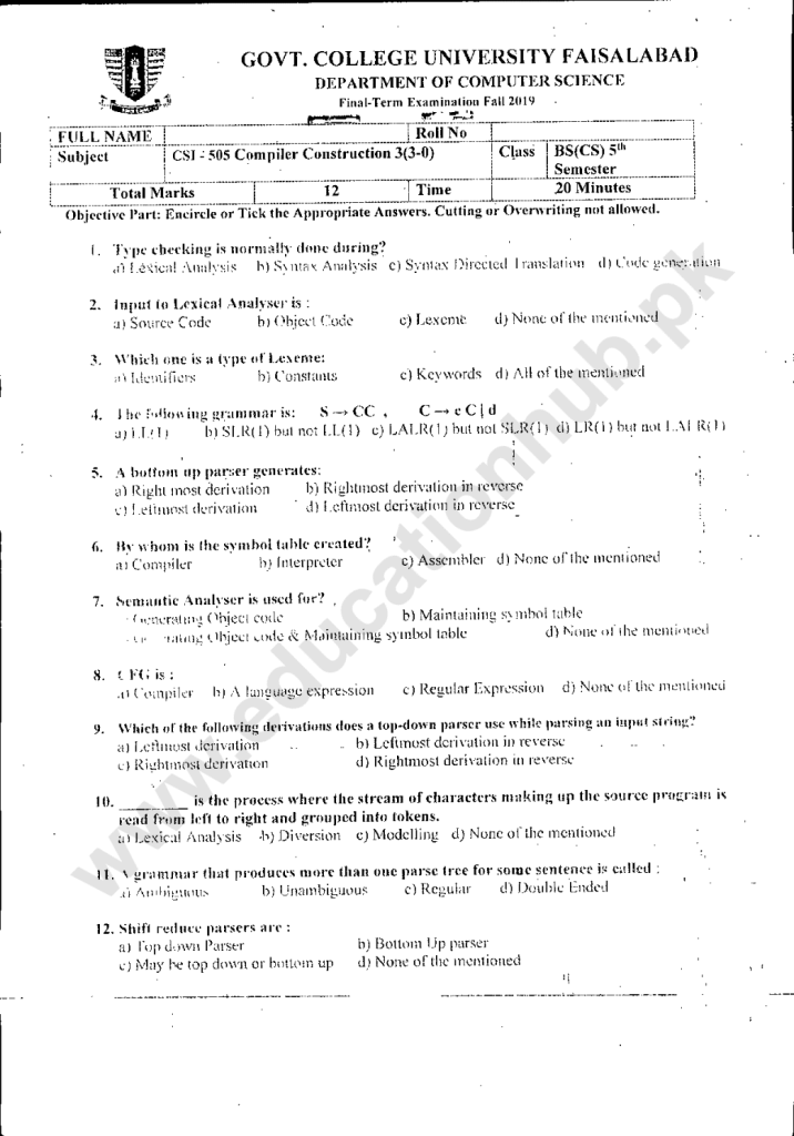 CSI505 BSCS GCUF FAll-2019 Objective