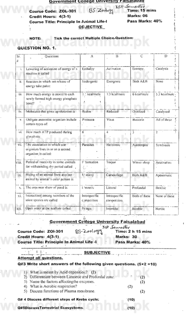 ZOL-301 BS Zoology GCUF Past Papers