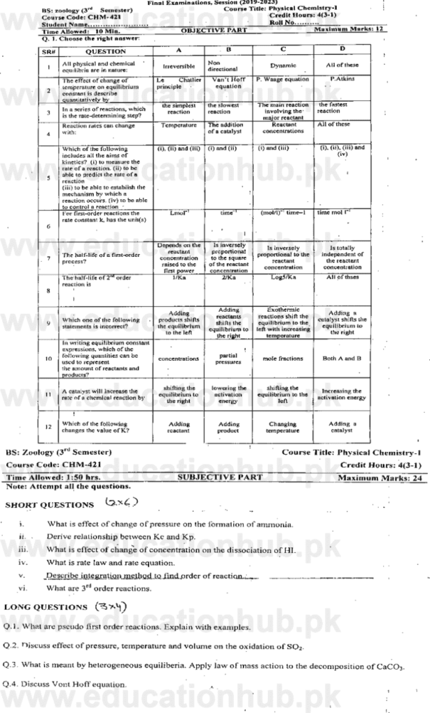 chm-421 BS Zoology GCUF Past Papers