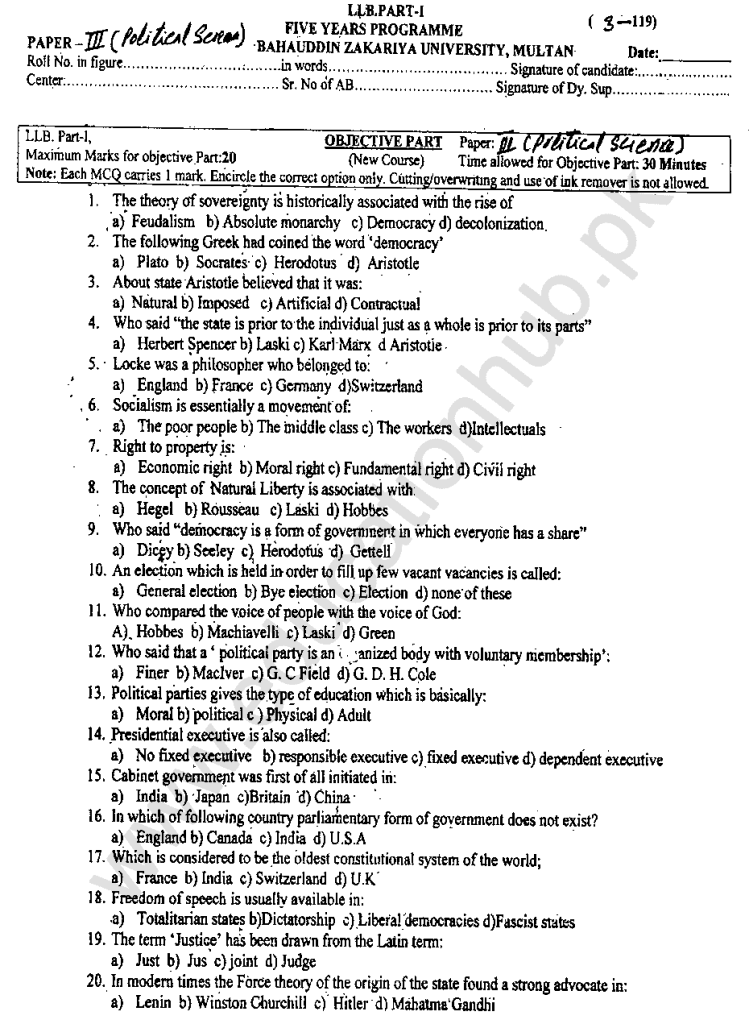 Political Science-I Paper 03 MCQs Past-01 LLB 5 year Program BZU Multan Past Papers 1-A2019