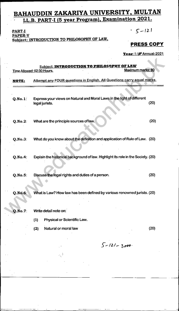 Introduction to Philosophy of Law Paper 05 Part 01 LLB-5 years program BZU 1-A 2021