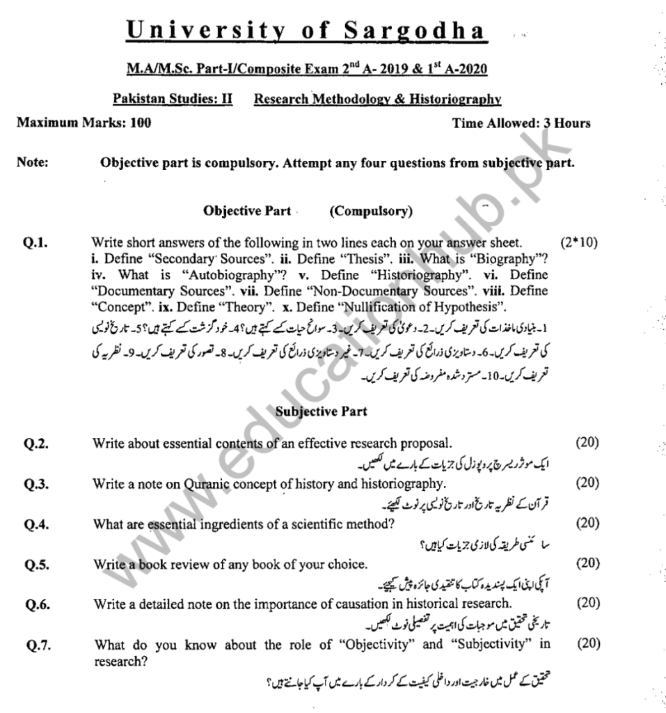 Paper 2 MA Pak Studies-I UOS Past paper 1-A2020