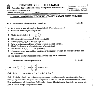 ADC-101 Business Mathmatics Associate Degree in Commerece ADC Program Semester 01 Punjab University Fall 2020 Past Paper