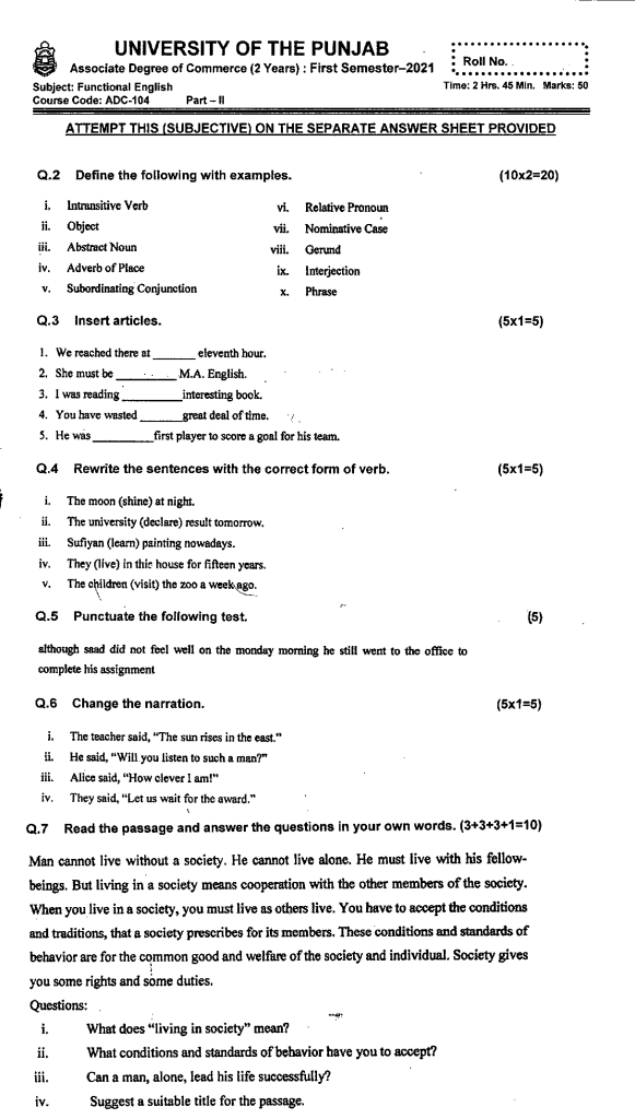 ADC-104 Functional English Associate Degree in Commerece ADC Program Semester 01 Punjab University Fall 2020 Past Paper