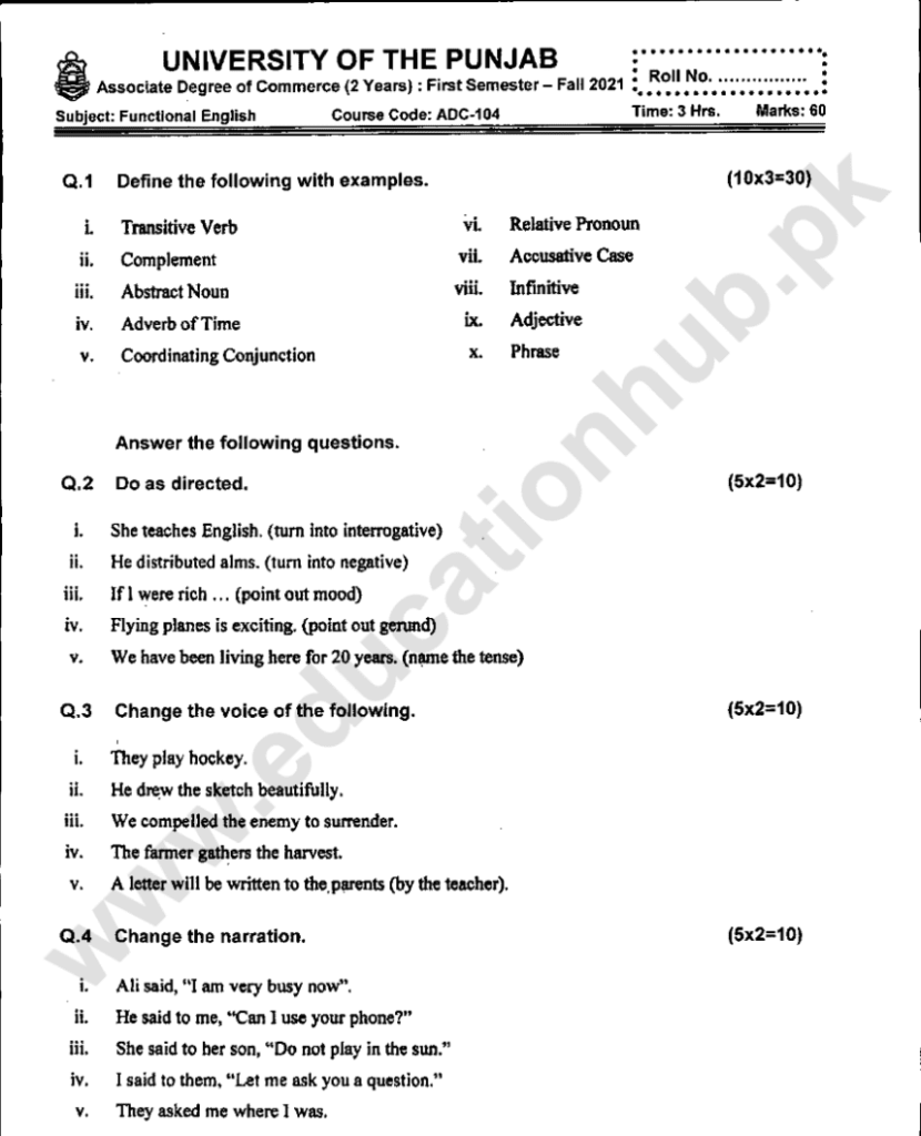 ADC-104 Functional English Associate Degree in Commerece ADC Program Semester 01 Punjab University Fall 2021 Past Paper