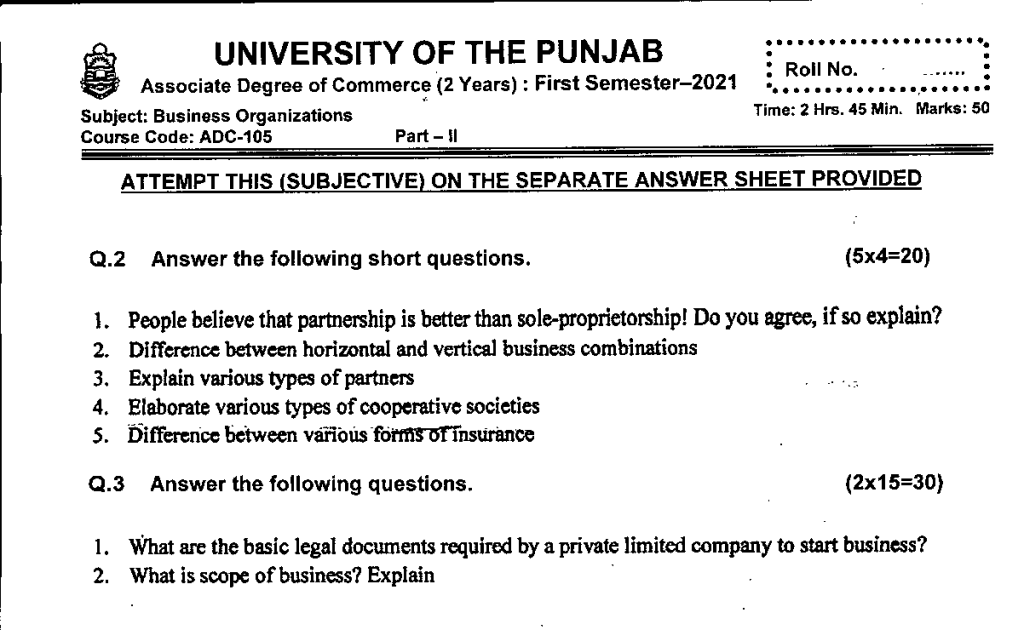 ADC-105 Business Organizatons Associate Degree in Commerece ADC Program Semester 01 Punjab University 2021 Past Paper