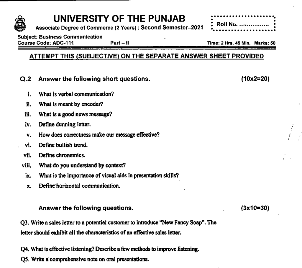ADC-111 Business Communicaton ADC Finance PU Past Papers Spring 2021