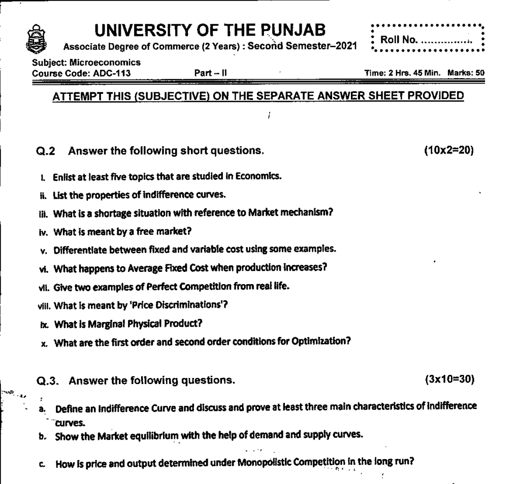 ADC-113 Micro Economics ADC Finance PU Past Papers Spring 2021