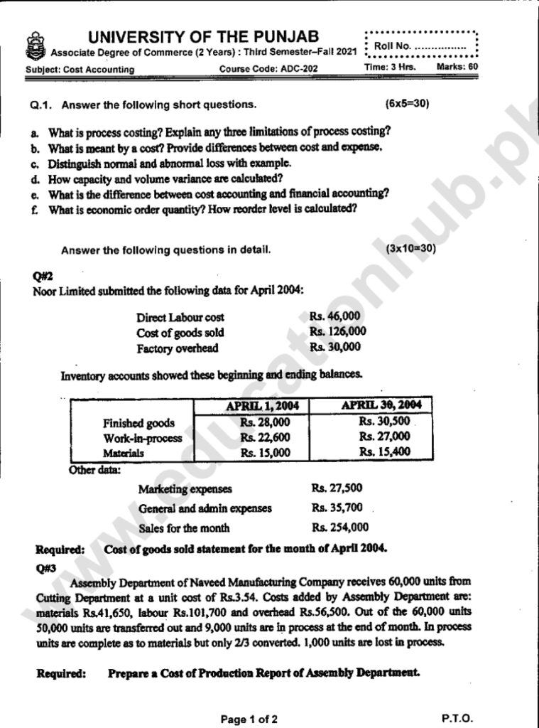ADC-202 Cost Accounting Associate Degree in Commerece ADC Program Semester 01 Punjab University Fall 2021 Past Paper