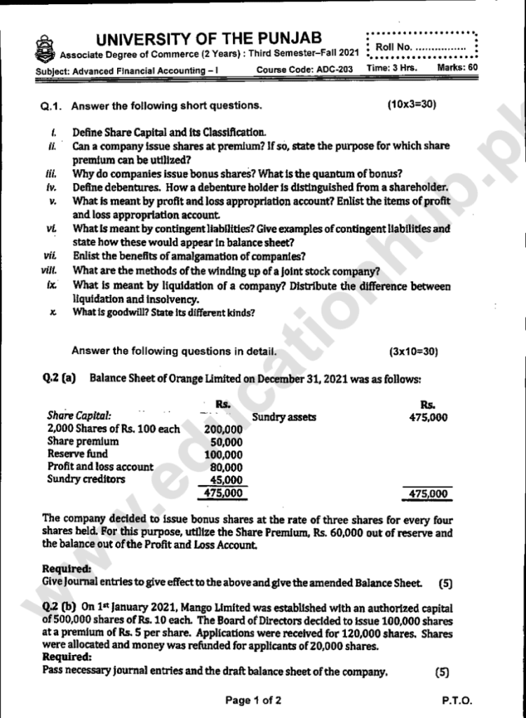 ADC-203 Advance Financial Accounting-1 Associate Degree in Commerece ADC Program Semester 01 Punjab University Fall 2021 Past Paper