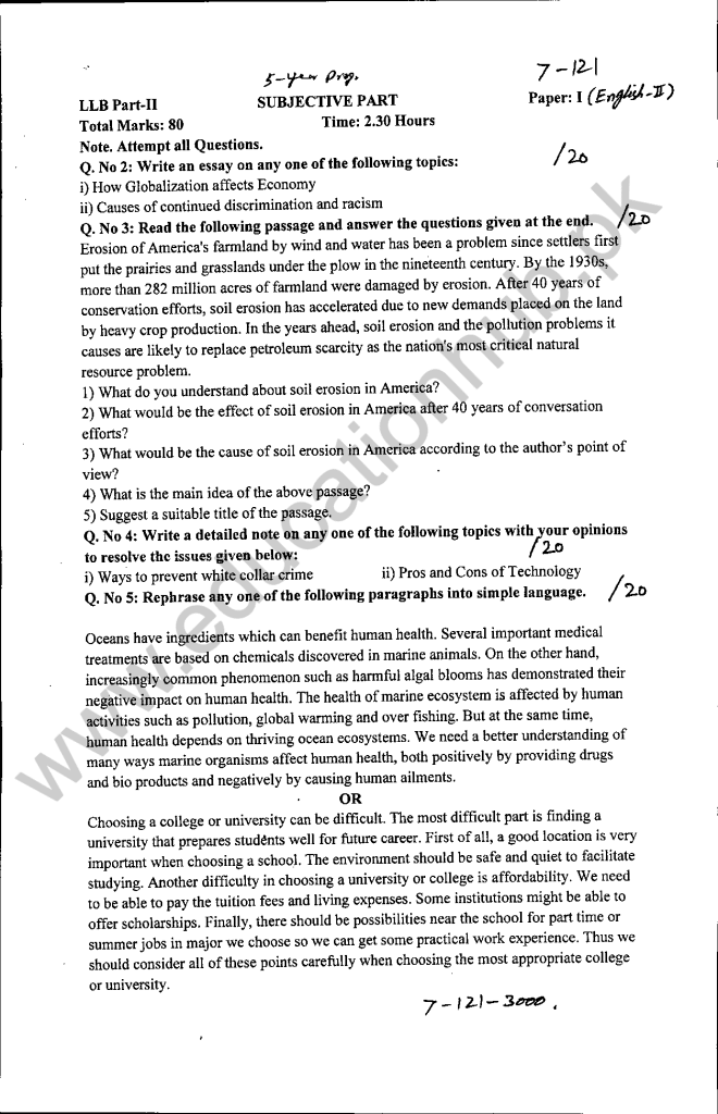 English II Paper 01 Part 02 LLB-5 years program BZU 1-A 2021