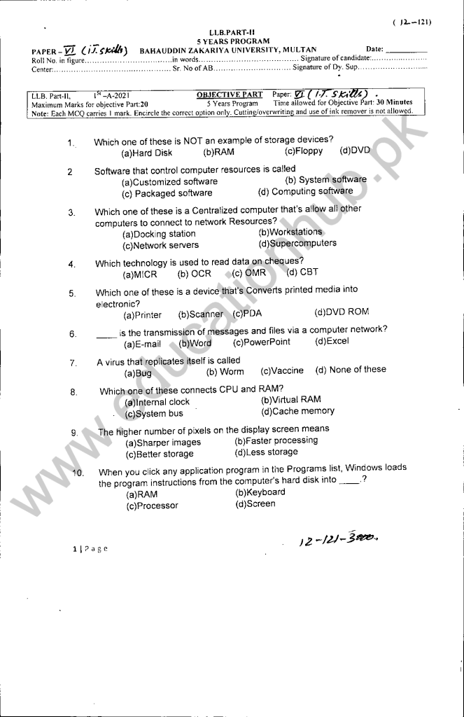IT Skills Paper 06 MCQs Part 02 LLB-5 years program BZU 1-A 2021