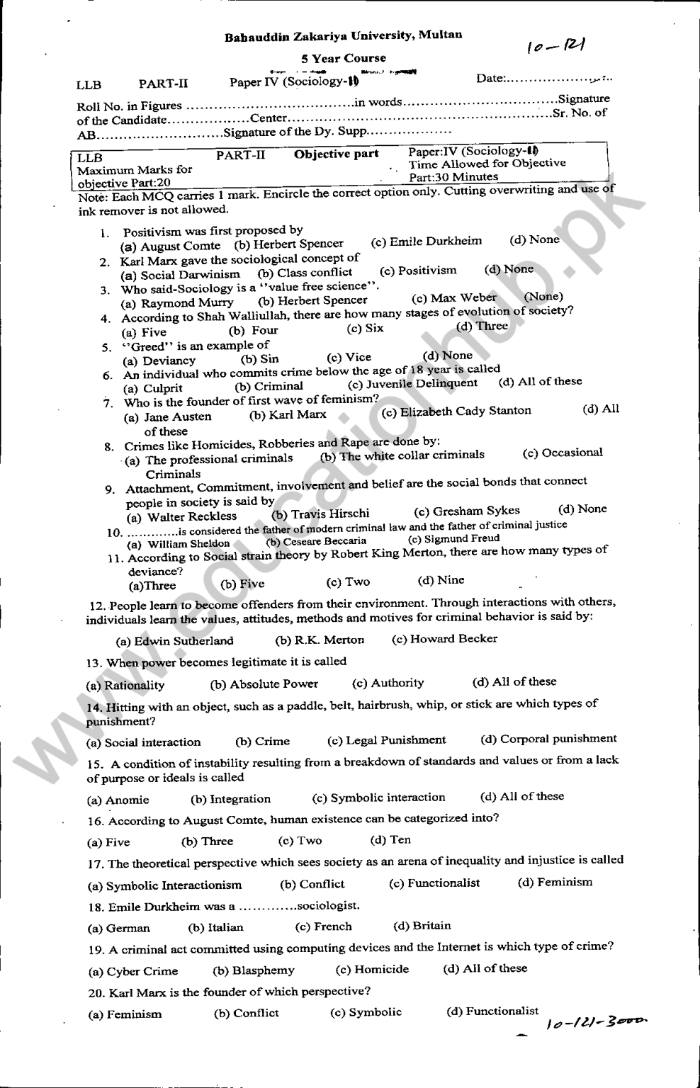 Sociology-II LLB 5 Years Program BZU Multan Past Papers