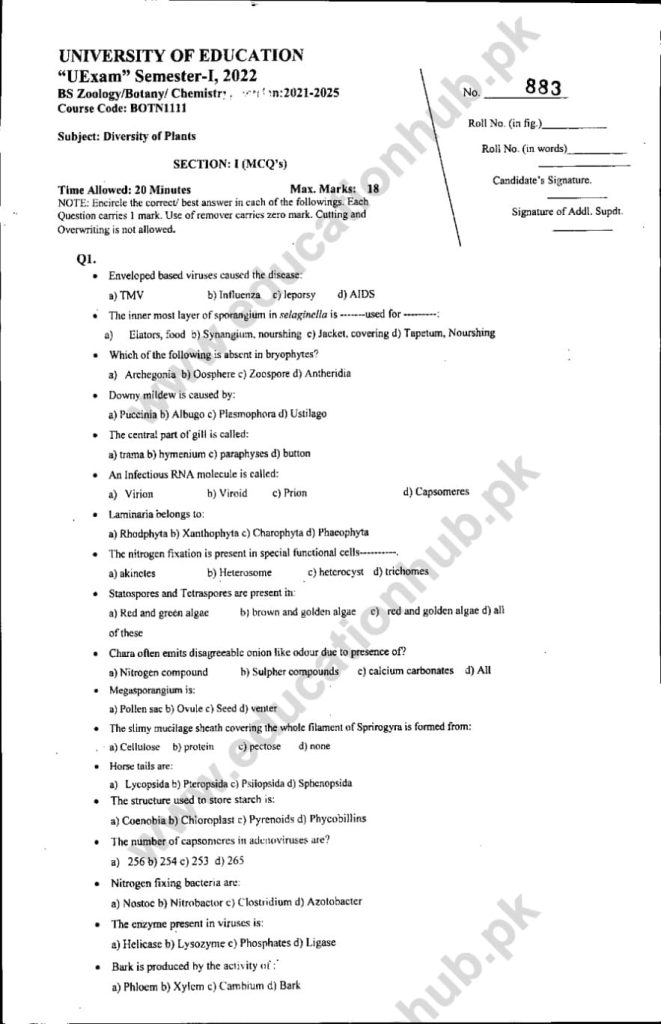 BOTN-1111 BS Programs Education University Lahore Objective Past Papers-2022