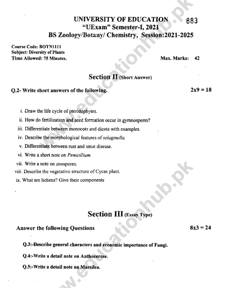 BOTN-1111 BS Programs Education University Lahore subjective Past Papers-2022