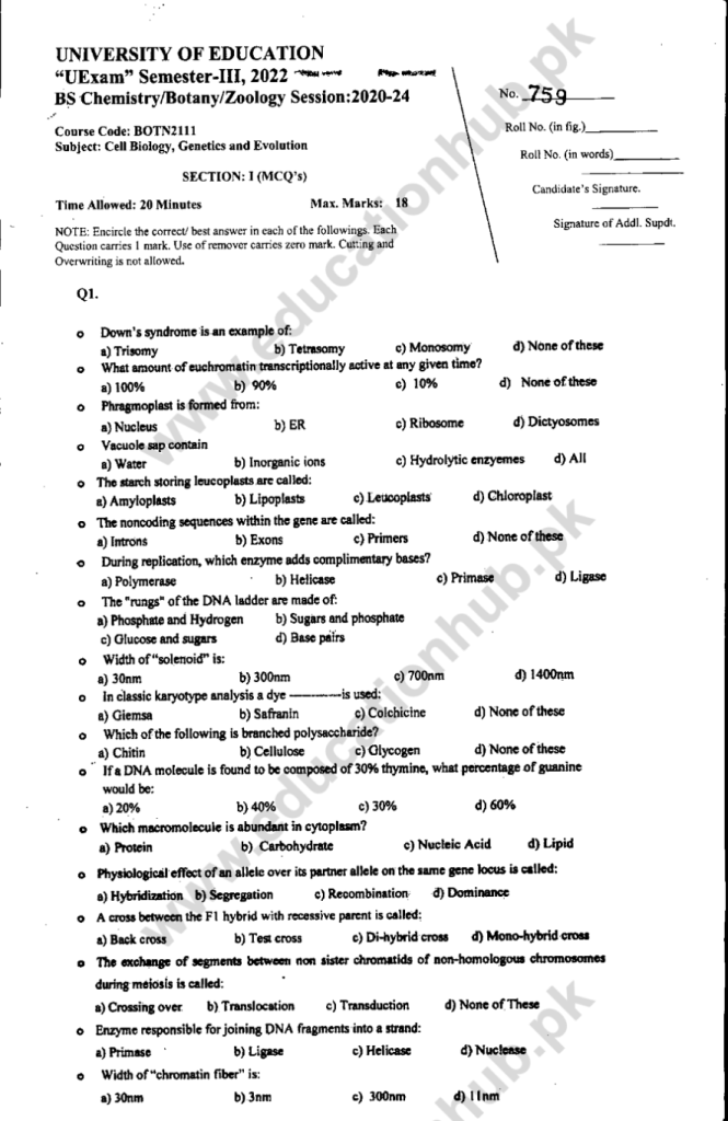 BOTN-2111 BS Programs Education University Lahore Objective Past Papers-2022