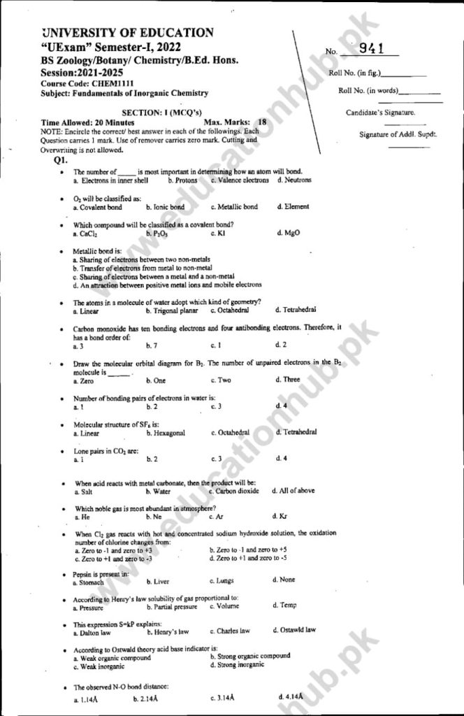 CHEM-1111 BS Programs Education University Lahore objective Past Papers-2022