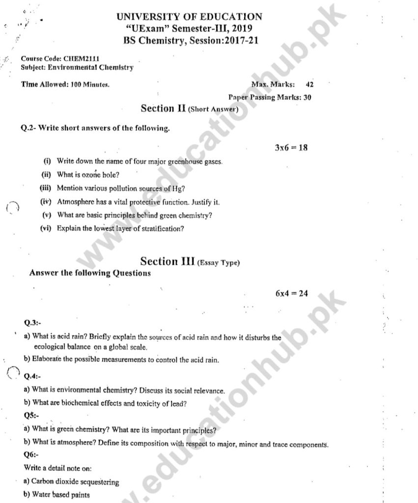 Chem2111 Subjective BS Chemistry Education University Past Paper 2019