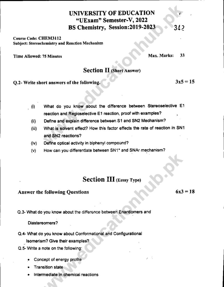 Chem3112 Subjective BS Chemistry Education University Past Paper 2022