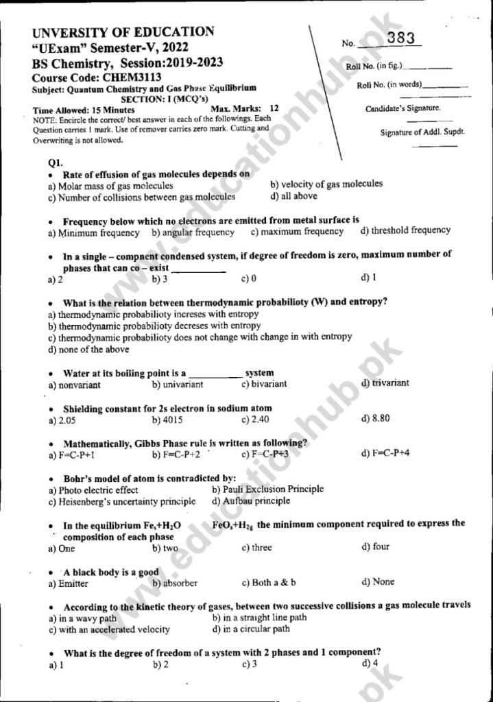 Chem3113 Objective BS Chemistry Education University Past Paper 2022
