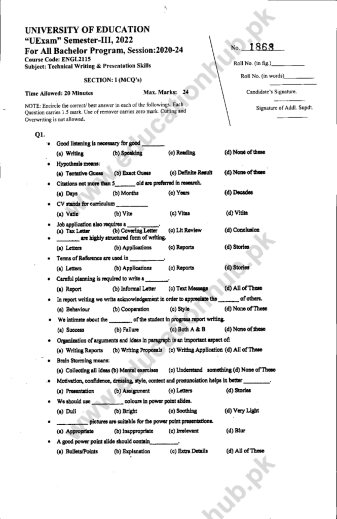 ENGL-2115 BS Programs Education University Lahore Objective Past Papers-2022