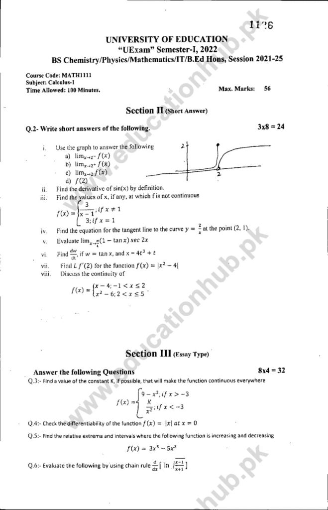 MATH-1111 BS Programs Education University Lahore Subjective Past Papers-2022