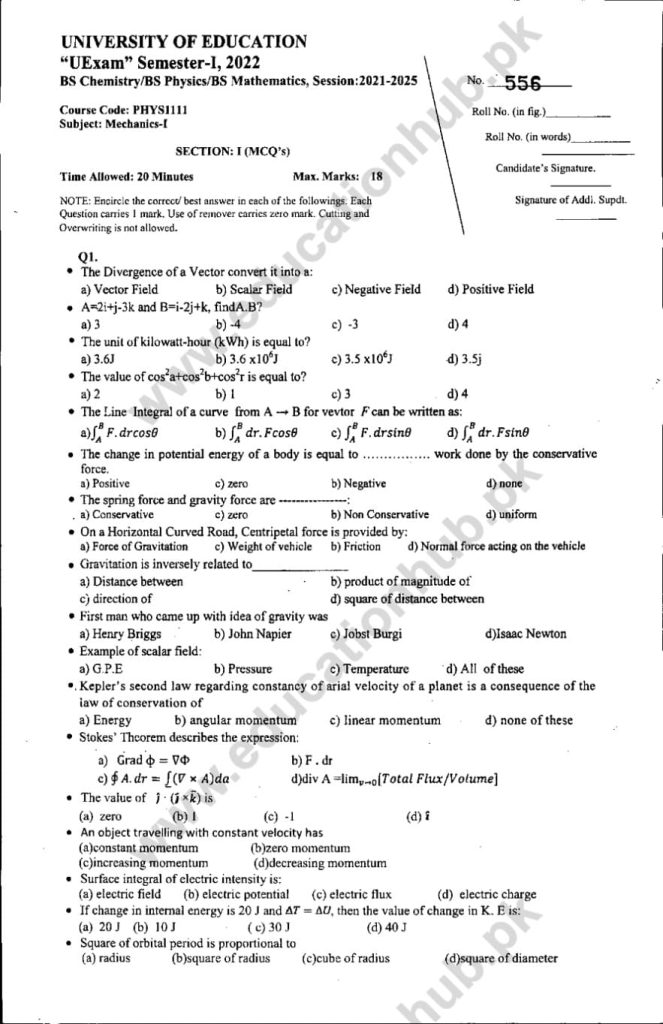 PHYS-1111 BS Programs Education University Lahore Objective Past Papers-2022