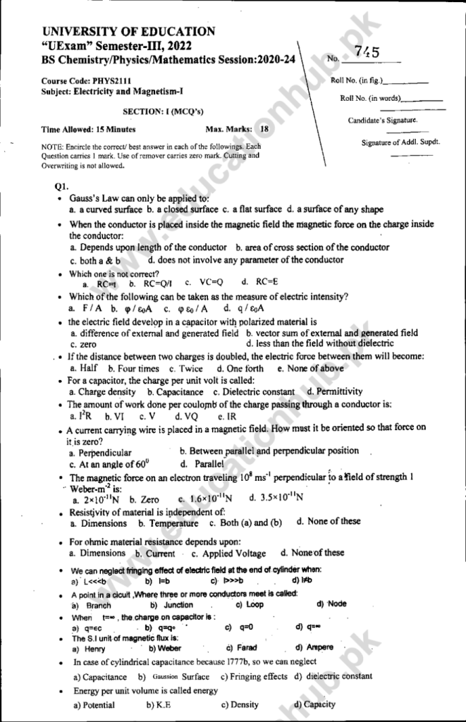 PHYS-2111 BS Programs Education University Lahore Objective Past Papers-2022