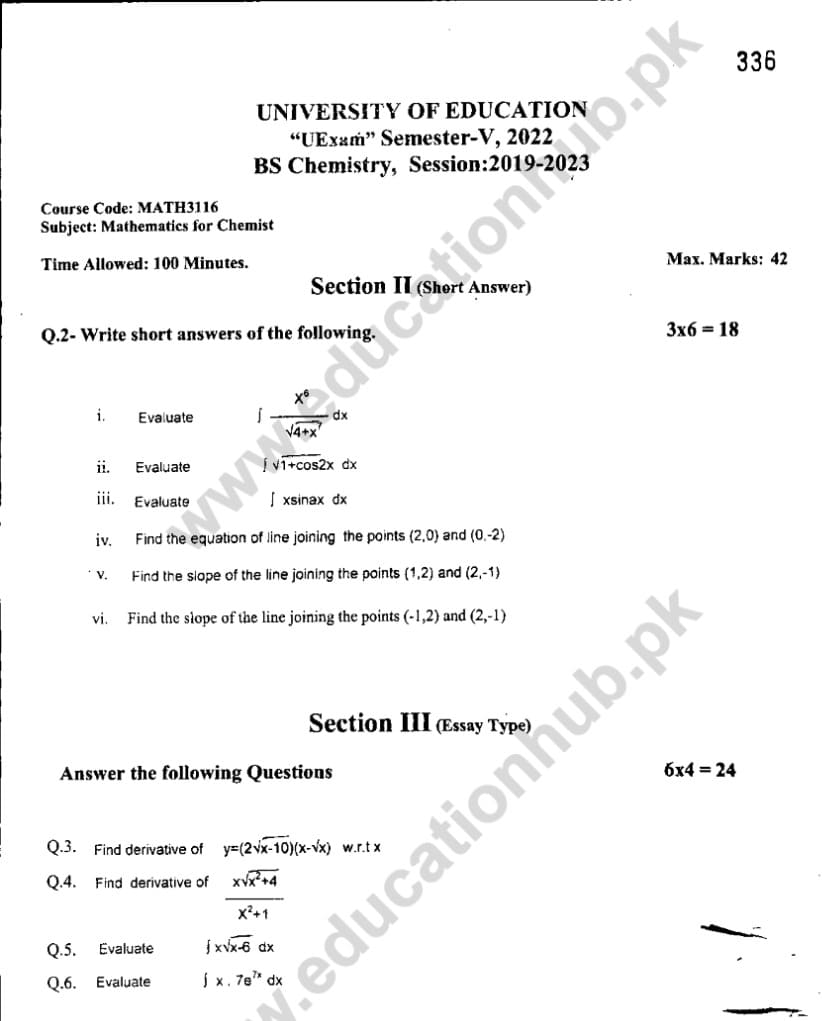 math3116 Subjective BS Chemistry Education University Past Paper 2022