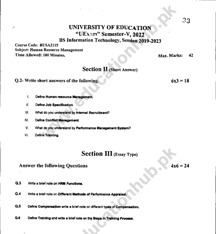 BUSA-2115 HRM BS IT Semester-5 Education University Lahore Subjective Past Papers-2022(19-23)
