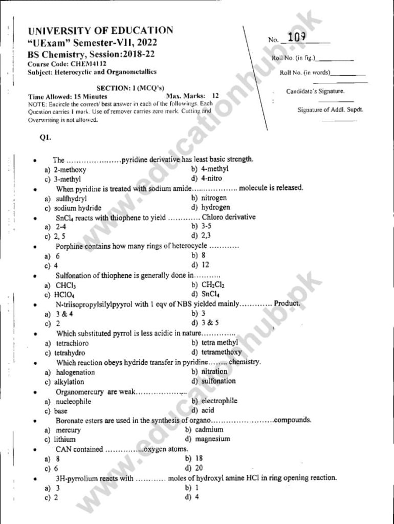 Chem4112 Objective BS Chemistry Education University Past Paper 2022