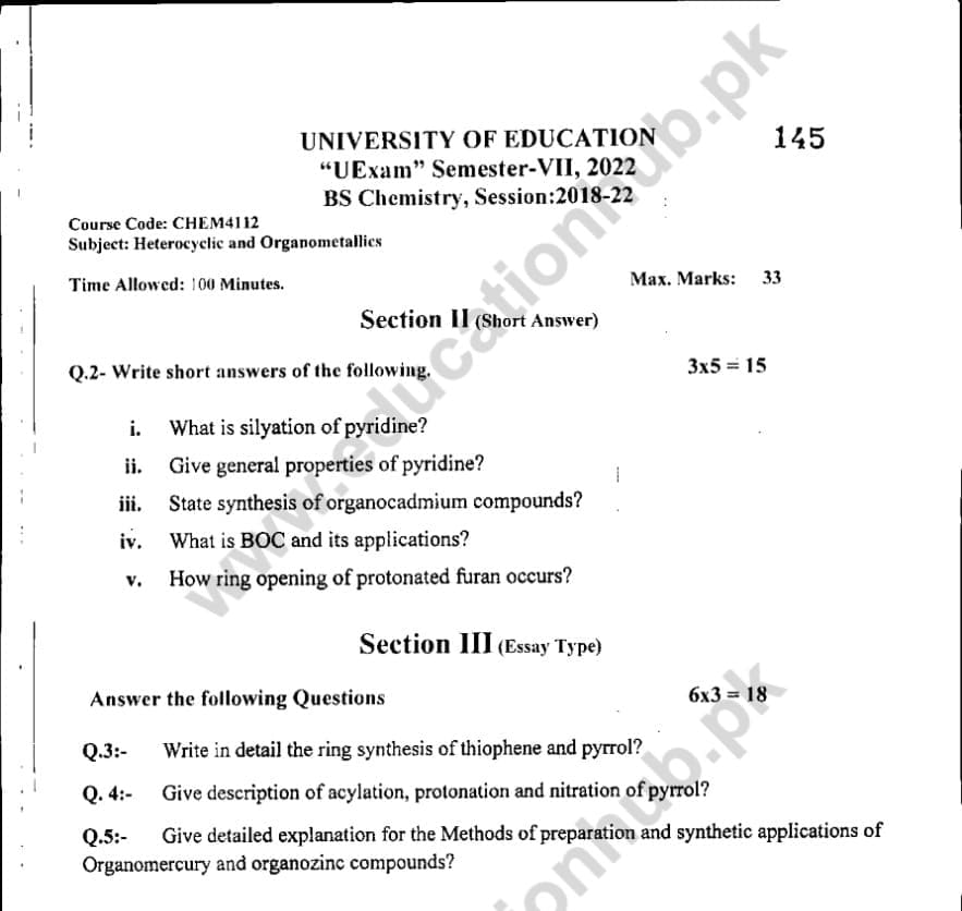 Chem4112 Subjective BS Chemistry Education University Past Paper 2022