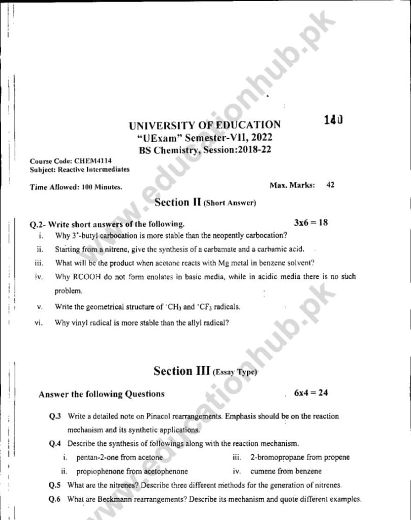 Chem4114 subjective BS Chemistry Education University Past Paper 2022