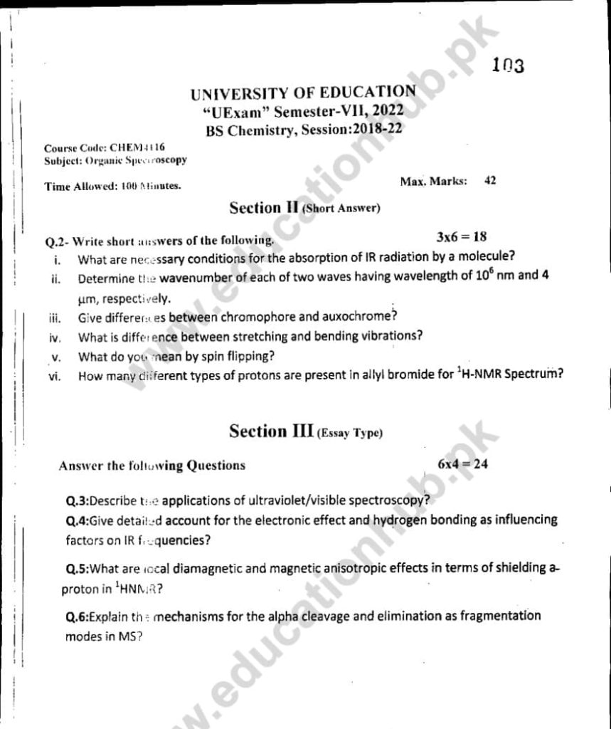 Chem4116 subjective BS Chemistry Education University Past Paper 2022