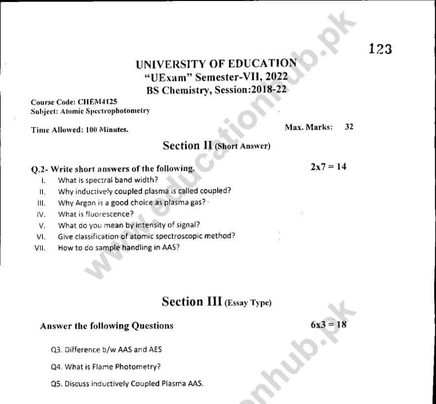 Chem4125 subjective BS Chemistry Education University Past Paper 2022