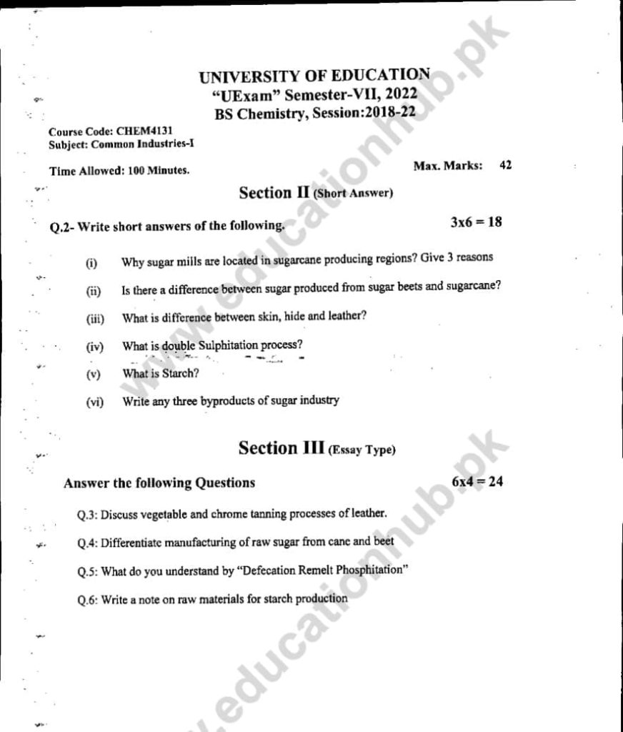 Chem4131 Subjective BS Chemistry Education University Past Paper 2022