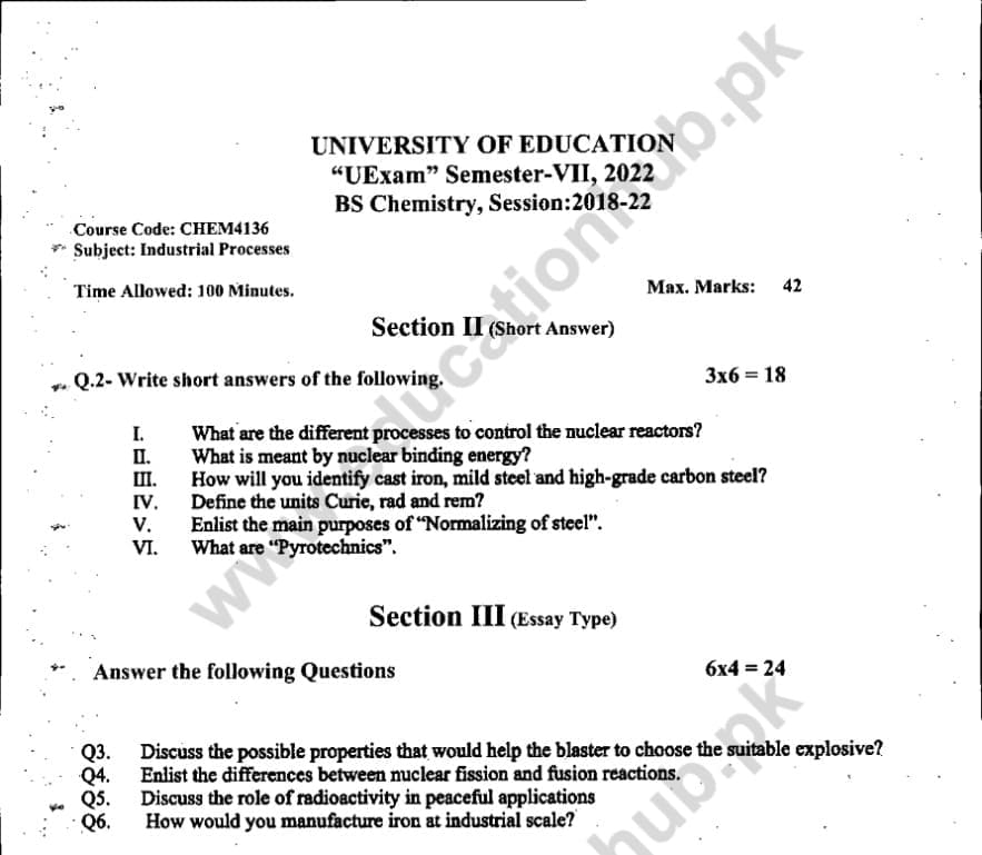 Chem4136 Subjective BS Chemistry Education University Past Paper 2021