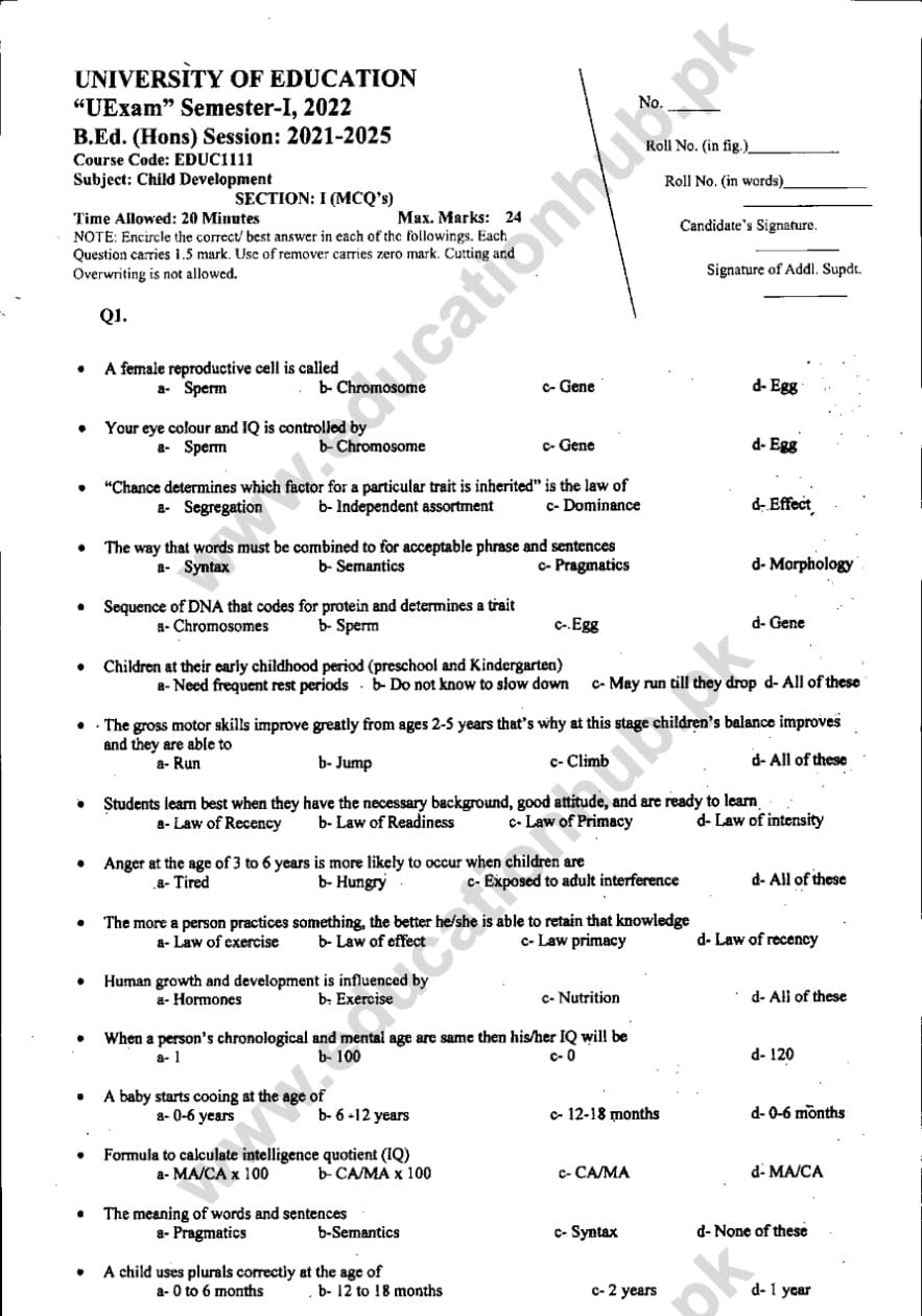 EDUC1111 Child Development B. Ed Education University Past Paper 2022