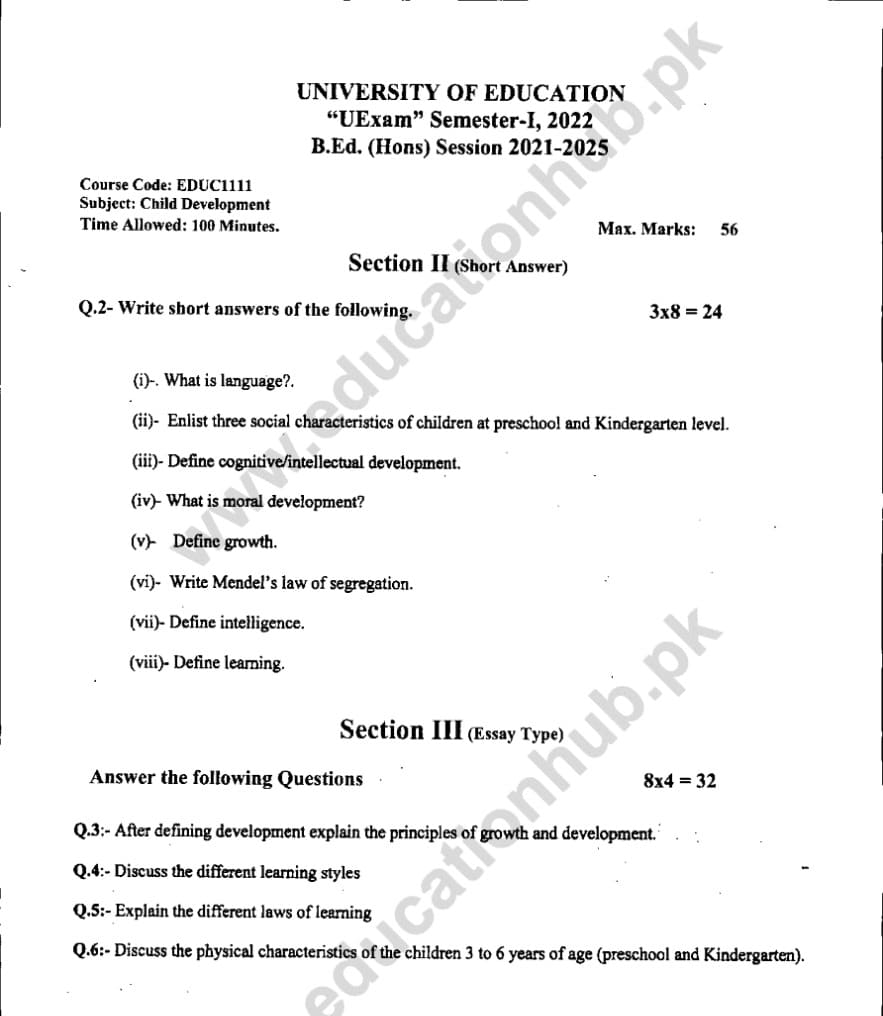 EDUC-1111 SUBJECTIVE B. ED EDUCATION UNIVERSITY PAST PAPER 2022