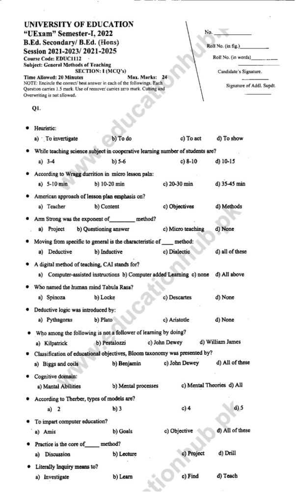 EDUC-1112 OBJECTIVE B. ED EDUCATION UNIVERSITY PAST PAPER 2022