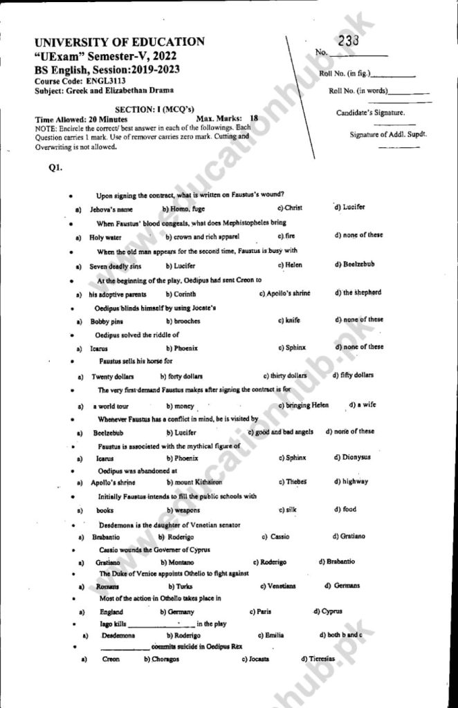 ENGL3113 Objective BS English Education University Past Papers 20222