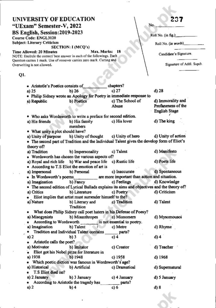 ENGL3120 Objective BS English Education University Past Papers 20222