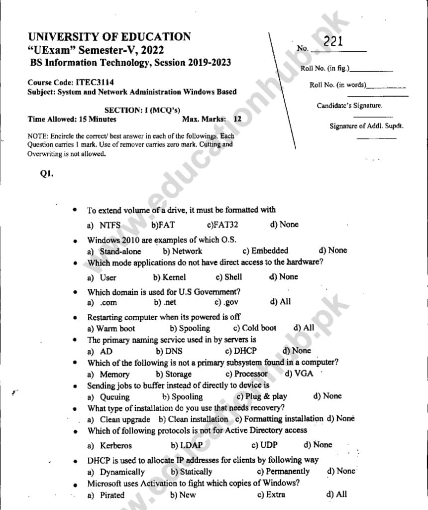 ITEC-3114 SNA(Window Based) BS IT Semester-5 Education University Lahore Objective Past Papers-2022