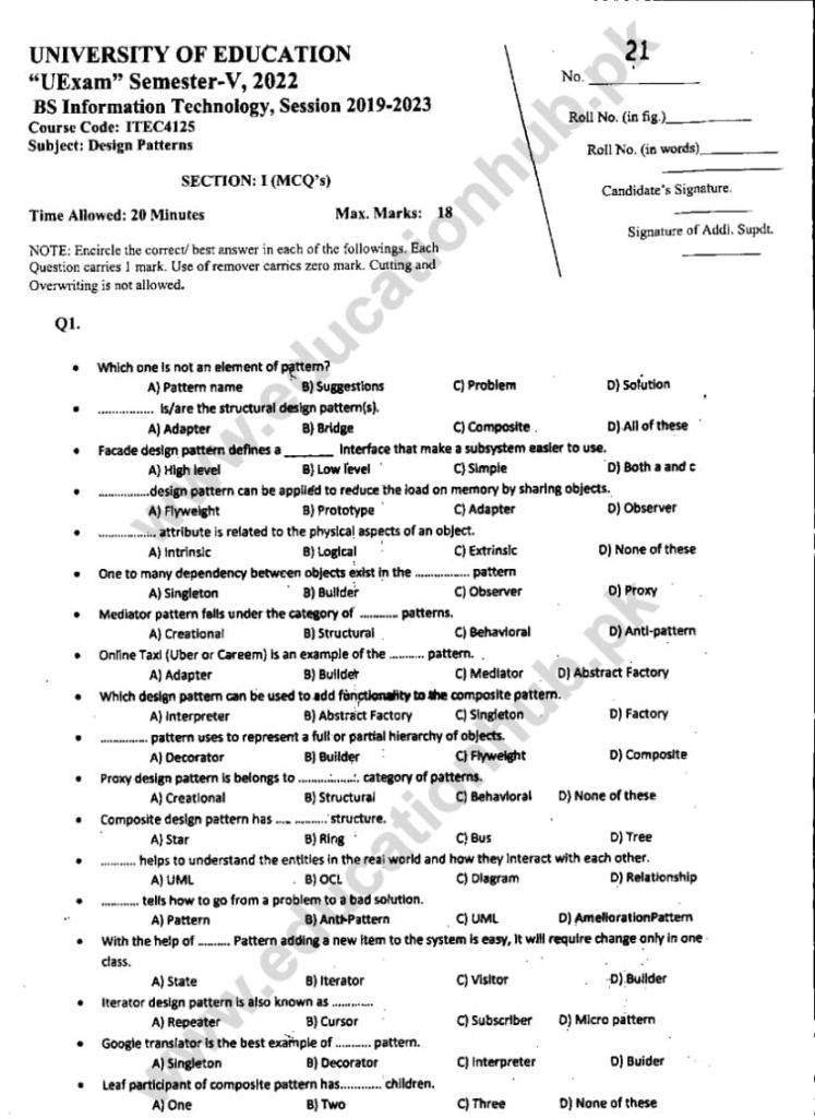 ITEC-4125 BS IT Education University Lahore Objective Past Papers-2022