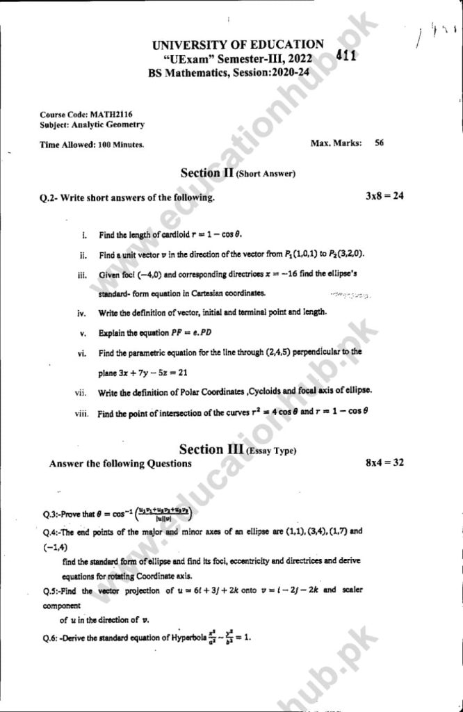 Math-2116 Subjective BS Math Education Uni Past Paper 2022